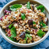 Farro Salad with Roasted Eggplant, Caramelized Onion, and Pine Nuts
